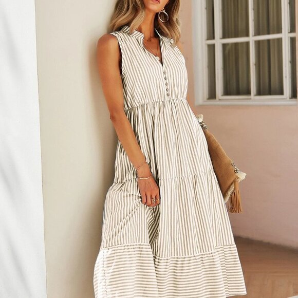 Multicolor Boho Womens Striped Print Notched Neck A-line Dress - Picture 5 of 5